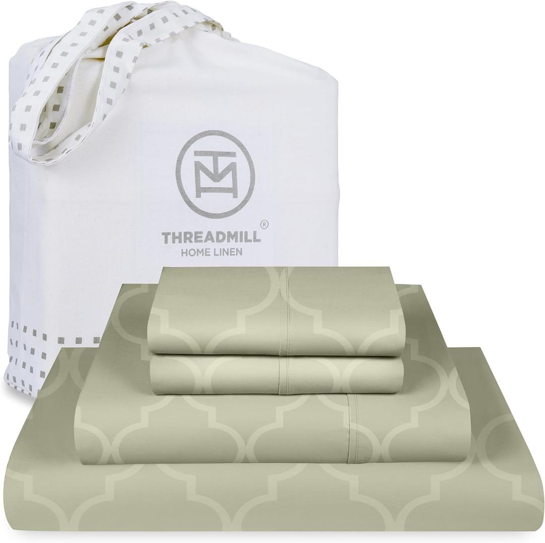 Threadmill Cotton Queen Sheet Set | 100% Cotton Sheets for Queen Size Bed | Damask Jacquard Queen Bed Sheets Set with 16 Deep Pocket | Soft Sateen Weave 4-Piece Cooling Bedding Set | Sage (Sage Green Tradition)