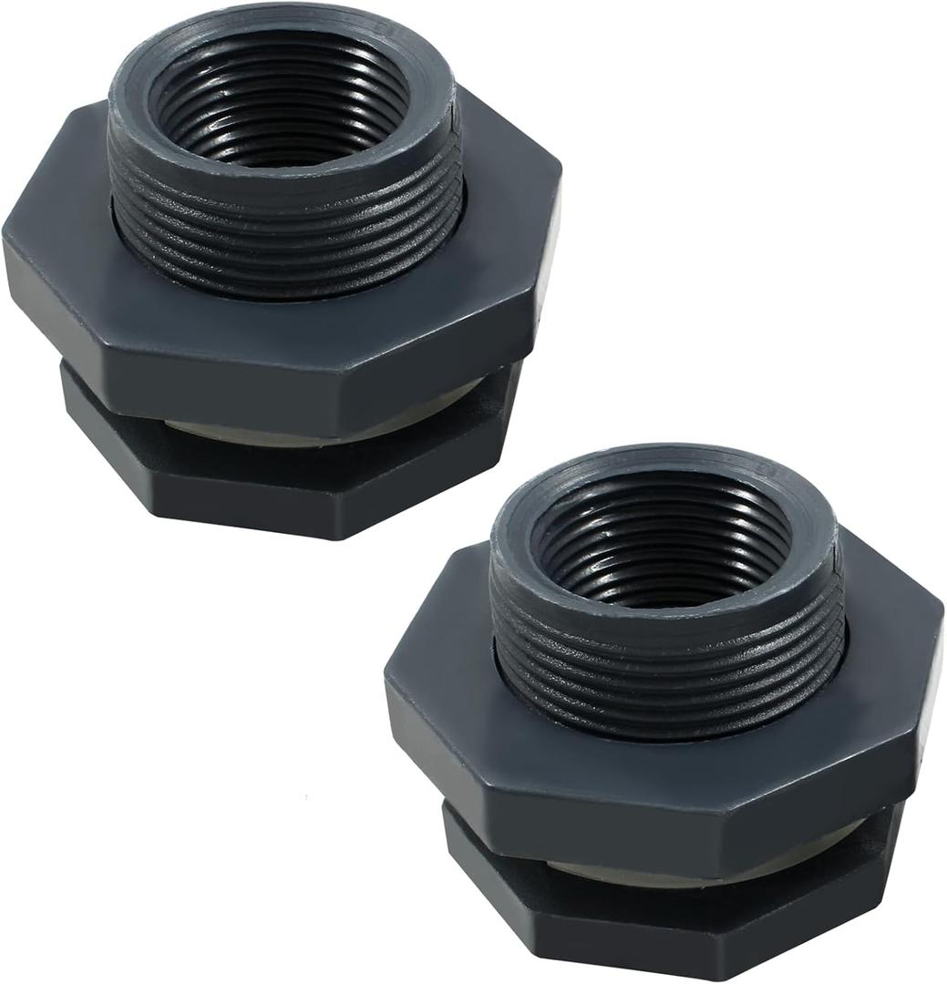 2pcs NPT1 PVC Bulkhead Fitting, 1 Inch Plastic Water Tank Connector Threaded Thru-Bulk Pipe Fittings for Rain Barrels, Aquariums, Bucket Hose Adapter, Ponds, Pools