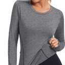Loovoo Thermal Shirts for Women Long Sleeve Workout Tops Crewneck Fleece Base Layer Running Athletic Tee with Zipper Pocket (Medium, 2-light Grey)