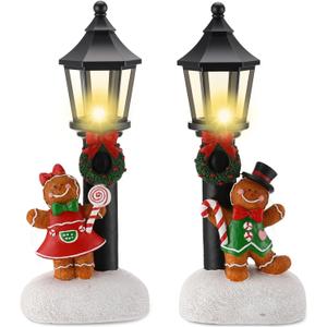 GlikCeil 2 Pcs Christmas Lighted Table Decor 10" Resin Figurine Table Centerpiece with Light up Streetlights Battery Operated Xmas Mini Street Statue Glow for Home Fireplace Shelf(Black Streetlight)