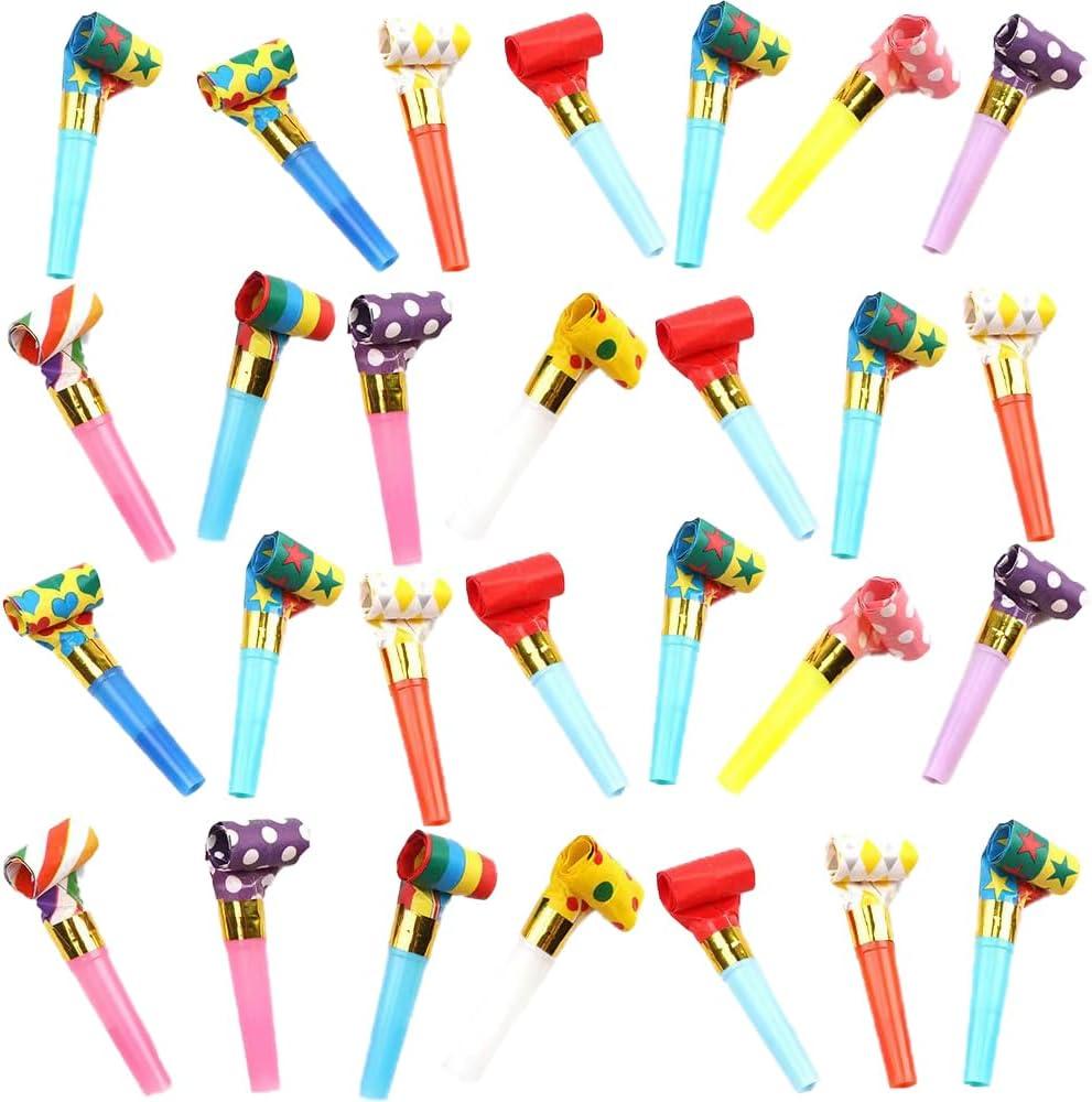 56 Pieces Party Blowers, Noisemakers Funny Party Blowouts Squawkers Colorful Birthday Blow Horns Whistles Party Favors New Years