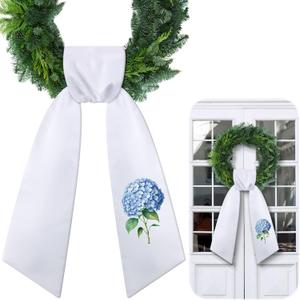 VitalCozy Spring Hydrangea Wreath Sash for Front Door Wreath Satin Sash for Embroidery Monogram Garland Ribbon Accessories Xmas Party Yard Doorway Indoor Outdoor Wall (Blue)