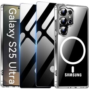 Magnetic Case for Samsung Galaxy S25 Ultra with 2 Privacy Screen Protector [Compatible with MagSafe],Non-Yellowing Shockproof Protective Phone Case for Galaxy S25 Ultra,Clear