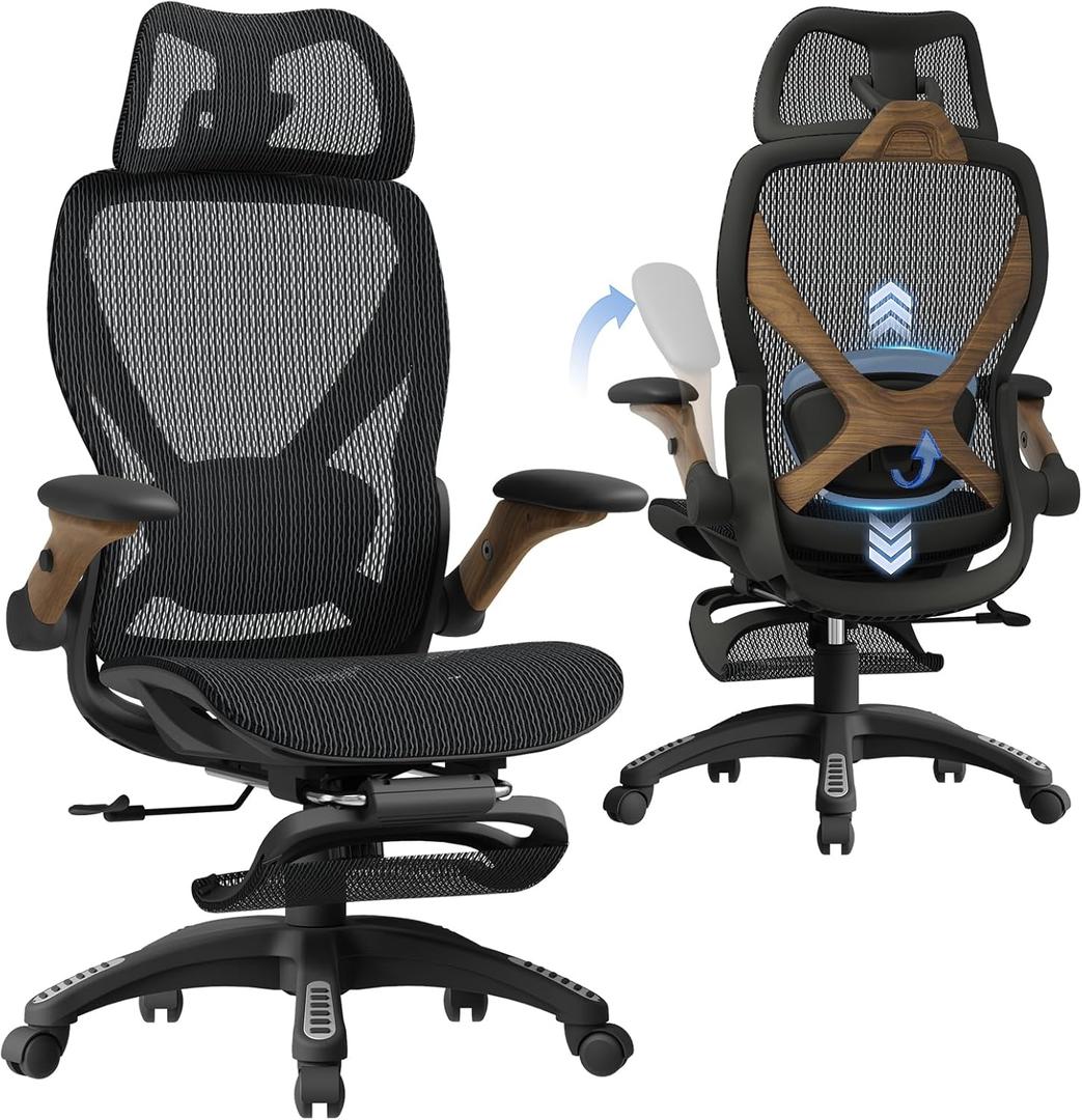 X100 Ergonomic Mesh Office Chair with Footrest, Big and Tall Home Desk Chair with 5D Flip-Up Arms, Adjustable 3D Lumbar Support, Gaming & Executive Computer Chair (Library Oak)