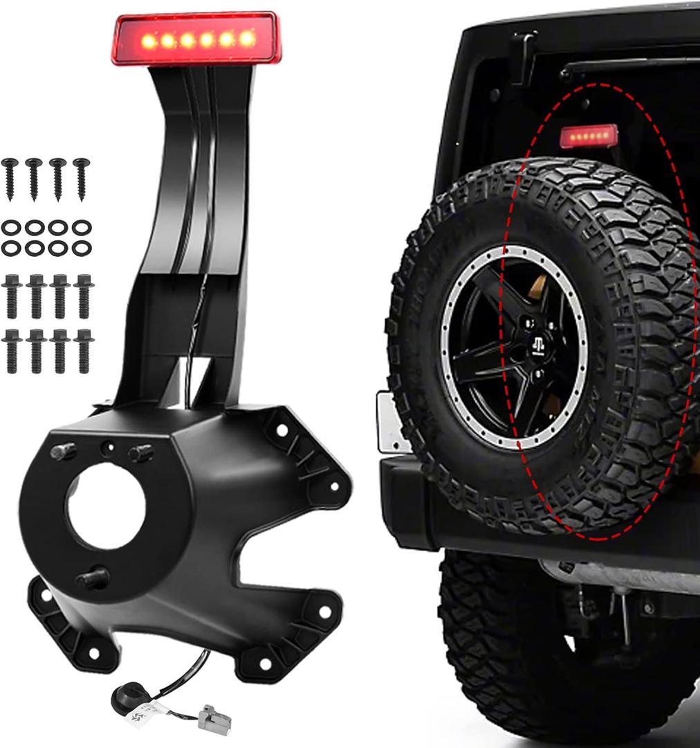 Spare Tire Holder Mounting Bracket with Screws Third Center High Mount Brake Light with Wiring Harness Compatible with 2007-2018 Jeep Wrangler JK Replaces 68048581AA, 55397217AJ (Red)