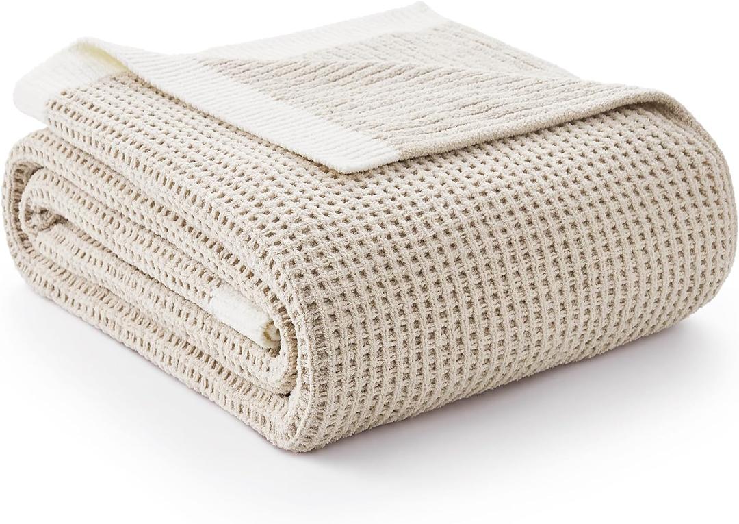 Amlie Home Chenille Waffle Throw Blanket for Couch, Reversible Soft Cozy Knit Blanket Lightweight Warm Decorative Throw for Sofa, Bed, Living Room, 50"x60", Beige
