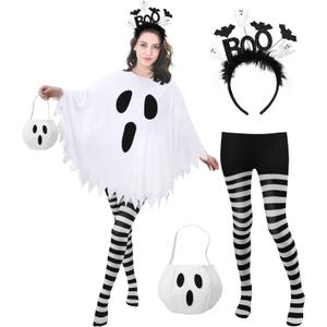 4 Pcs Ghost Costume Adult with Accessories,Ghost Costume Women Poncho/Bag/Headband/Tights Halloween Cosplay