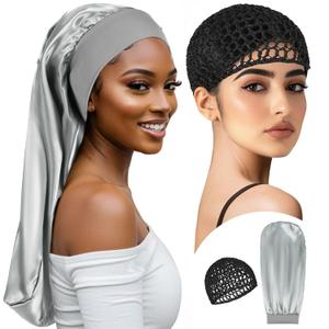 Long Bonnet-Crochet Hair Net Set Braid Bonnets for Black Women Mesh Hair Net Anti Frizz Satin Large Bonnet for Curly, Braids Hair 2 Piece Set Reusable Elastic (black net, silver bonnet) (Gray)
