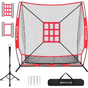 7x7 ft Baseball & Softball Practice Net with Bow Frame for Batting, Hitting, Pitching, Portable Baseball Throwing Net with 2 Strike Zone Batting Tee, Carry Bag, Great for All Levels