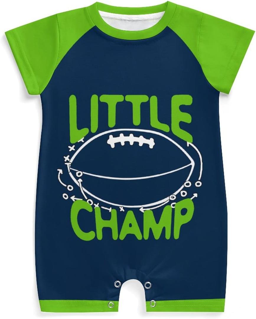 7 x Baby Football Clothes Outfit, Short Sleeve Little Champ Printing, Crewneck Romper Bodysuit Infant Football Clothes (3-6 Months, Navy & Lime)