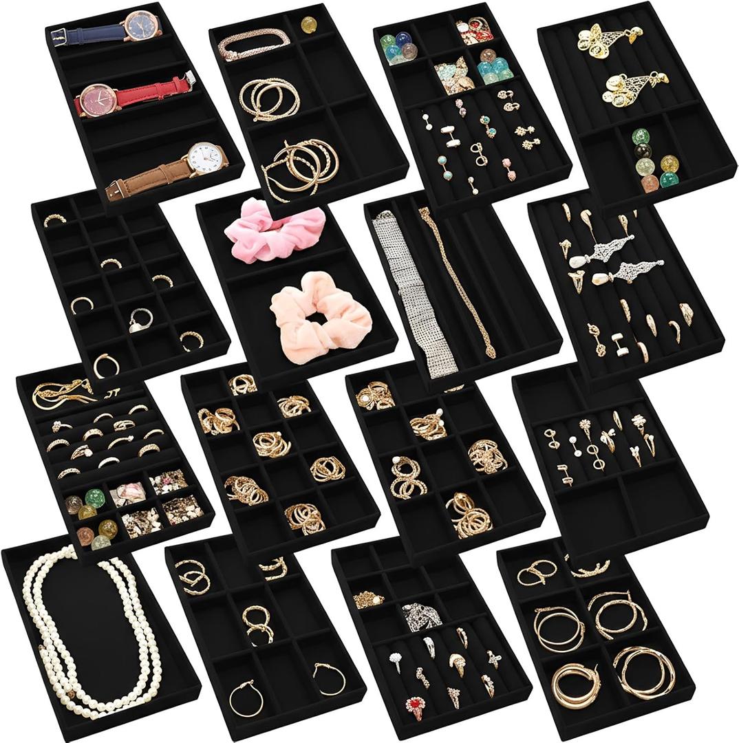 Landical 16 Pcs Stackable Jewelry Organizer for Drawer Velvet Jewelry Tray with Dividers Earring Holder & Ring Display Box Fits 8.4 x 5 x 1 Drawer Necklace Storage for Women, Girls,16 Styles (Black)