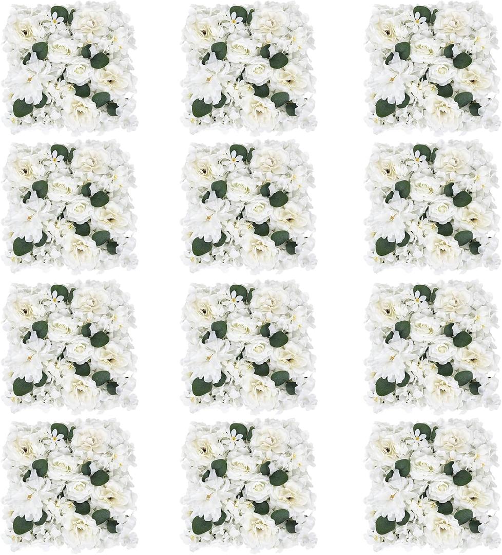 Pack of 12 Artificial Silk Flower Panels, Faux Floral Wall Background for Wedding Party Engagement Bridal Shower Arrangement Home Decorations - White