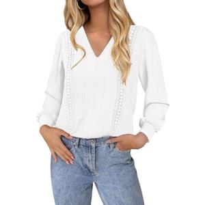 dowerme Womens Tops 2026 Spring V Neck T-Shirts Long Sleeve Shirts Lace Crochet Work Blouses Dressy Casual Loose Tunics (White, L)