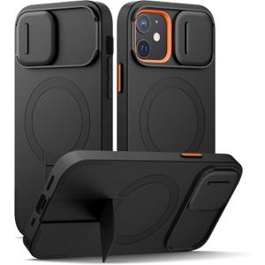 SURITCH for iPhone 12/12 Pro Case with Magnetic Camera Slide Cover and Adjustable Kickstand, Compatible with MagSafe, Shockproof Bumper Case Slim Protective Cover for iPhone 12/12 Pro 6.1 Inch, Black | 6.1 Inch