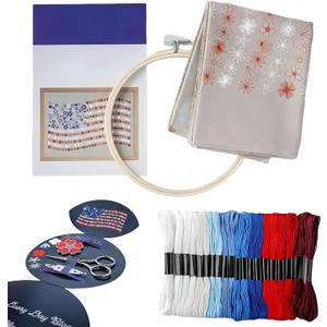 Red White & Bloom Embroidery Kit, US 250th Anniversary 365-Day Floral American Flag Cross Stitch Set for Beginners Adults, Veterans, Patriotic Craft Gift