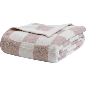 bearberry Fuzzy Checkerboard Grid Throw Blanket Soft Cozy Warm Microfiber All Season Blanket Decor for Couch Sofa Bed Travel Home (Cream, 50''x60'')