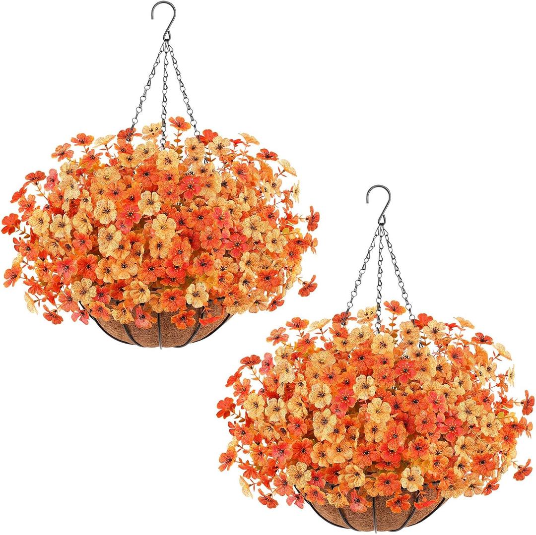 Artificial Fall Flowers Hanging Plants in Basket, Artificial Hanging Flowers for Autumn Outdoor Indoor Decor, UV Resistant Hanging Baskets with Fake Flowers for Fall Patio Garden Porch Deck Decoration (2PCS, Yellow Orange)