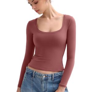 PUMIEY Women's Long Sleeve T Shirts Scoop Neck Slim Fit Going Out Tops Double Lined Basic Tee Smoke Cloud Collection (L)