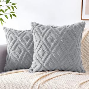 Pallene Spring Grey Throw Pillow Covers 18x18 Set of 2, Soft Plush Faux Fur Decorative Couch Pillow Covers for Sofa Bed Living Room Pillow Cases with 3D Diamond Pattern