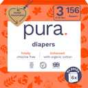 Pura Hypoallergenic Diapers, Size 3 (9-20 lbs) Monthly Pack, Overnight, up to 12 Hours Leak Protection, Suitable for Sensitive Skin, TCF, Super Soft Organic Cotton, 6 Packs of 26 (156 Baby Diapers)