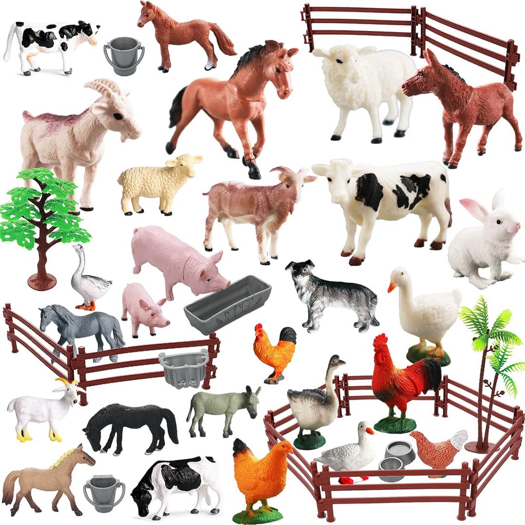 Yowlieu Realistic Farm Animal Figures Toys, 44 Pcs Plastic Farm Figurines Playset Includes Fences Mini Farm Animal Cake Topper Learning Toy Set for Kids & Toddlers