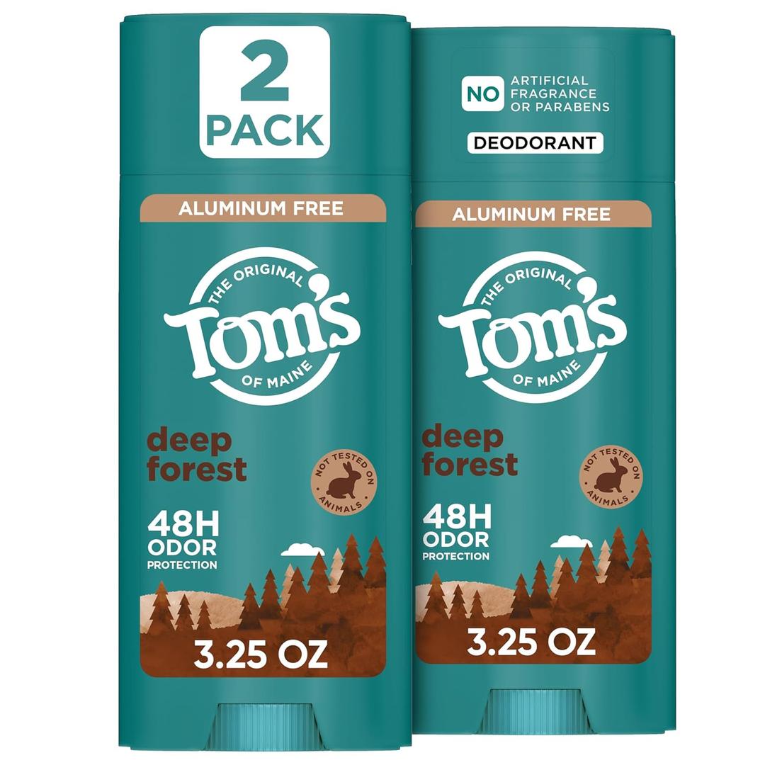 Tom’s of Maine Deep Forest Natural Deodorant for Men and Women, Aluminum Free, No Artificial Fragrances, Dyes, or Preservatives, Baking Soda Free, 48-Hour Odor Protection, 3.25 oz (2 Pack)