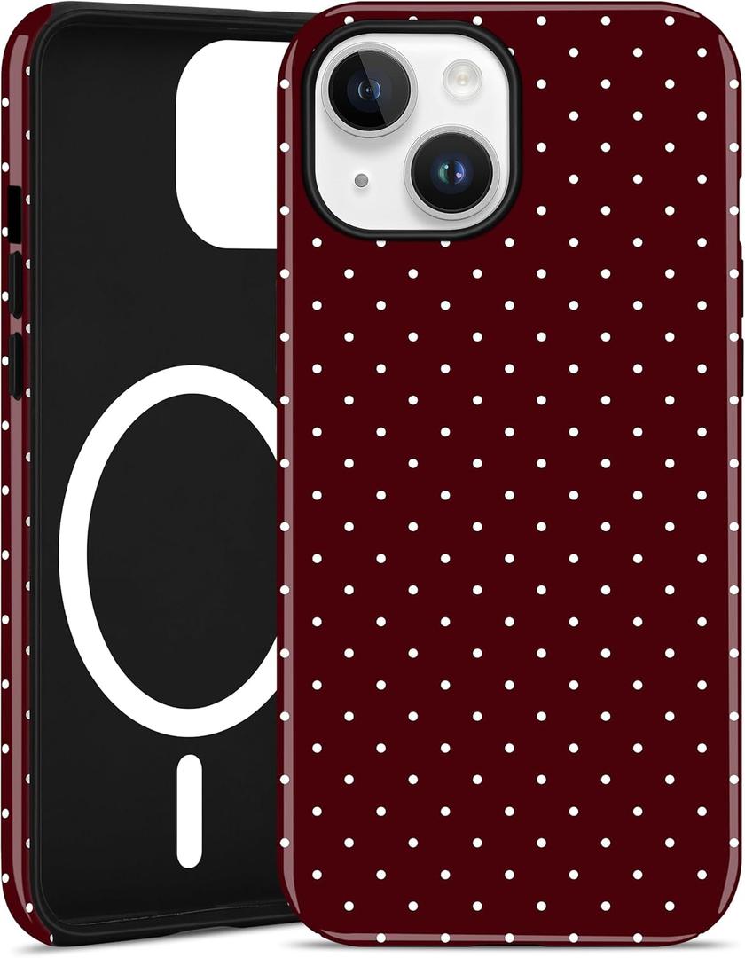 Magnetic Polka Dot Phone Case for iPhone 16 Pro, Compatible with MagSafe, Cute Burgundy Red Polka Dots Aesthetic Soft TPU and Hard PC Shockproof Protective Phone Cover for Women Girls-Shiny