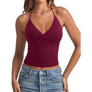 REORIA Women's Basic Cross Wrap V Neck Backless Double Lined Halter Tank Tops Cute Summer Trendy Sleeveless Shirts (Red, M)