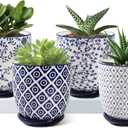 Ceramic Succulent Planter Pots - 4.6 Inch Small Flower Pot with Drainage Holes and Saucers for Indoor Plant, Cactus, Herbs, Outdoor Plants, Home Decor, Set of 4, Vintage Blue