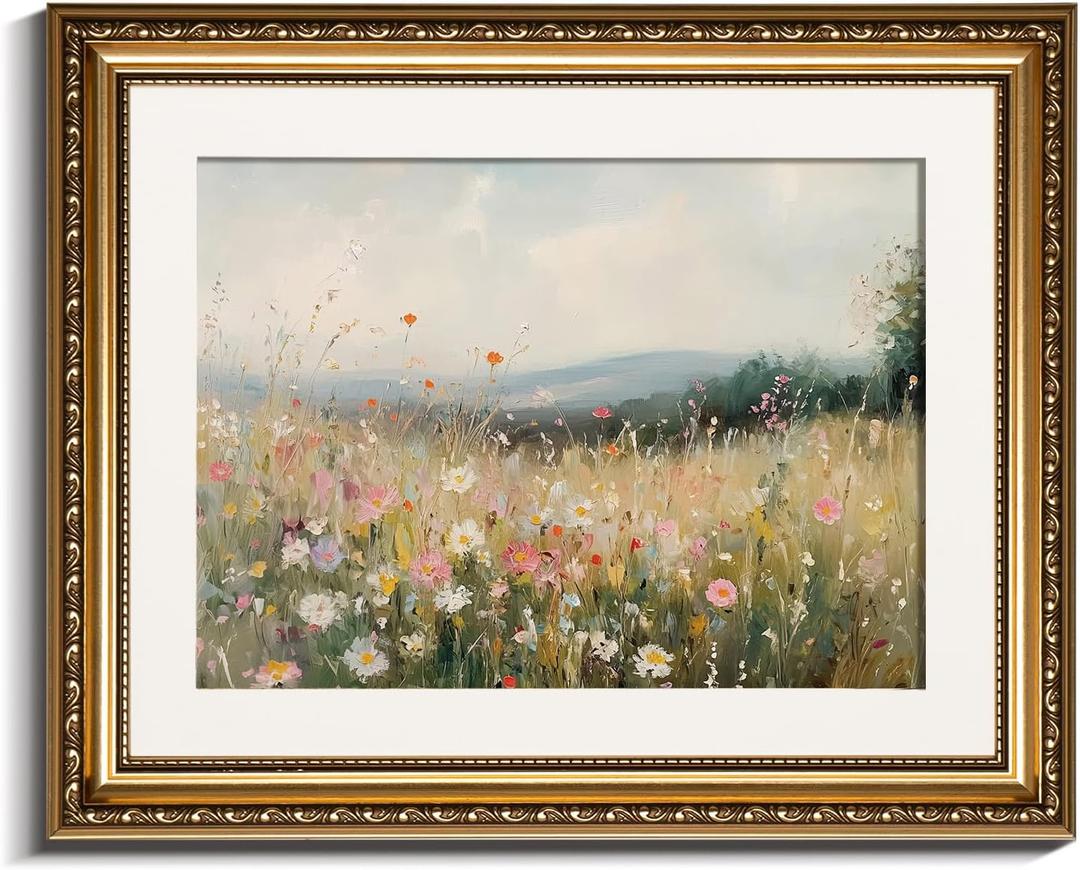 InSimSea Gold Picture Framed Wall Art, Living Room Vintage Field of Wildflowers Wall Decor, Nature Landscape Canvas Print Art, Home Farmhouse Decor, Antique Paintings with Frame 13x16inch