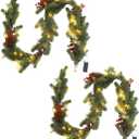 Christmas Garland Artificial Pine Decoration - 2 Pack Fake Green Cedar Garland Realistic Christmas Norfolk with Berry for Winter Holiday Mantle Fireplace Table Wall Window