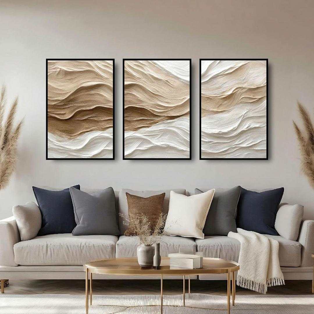 Large Framed Abstract Wall Art for Living Room, Premium Crystal Porcelain Canvas Print Set of 1, White Brown Modern Design - Perfect for Bedroom, Office, Hallway - 16x24 inch