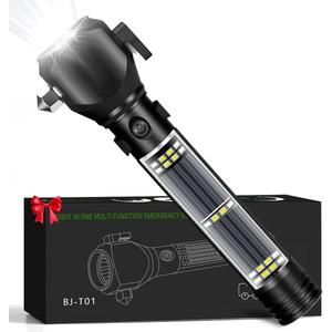 Rechargeable Solar Powered Flashlight,Multi Function LED Tactical Flashlight with Glass Breaker,Seatbelt Cutter,Alarm and Phone Charger,Powerful Handheld Flashlights for Emergencies Camping