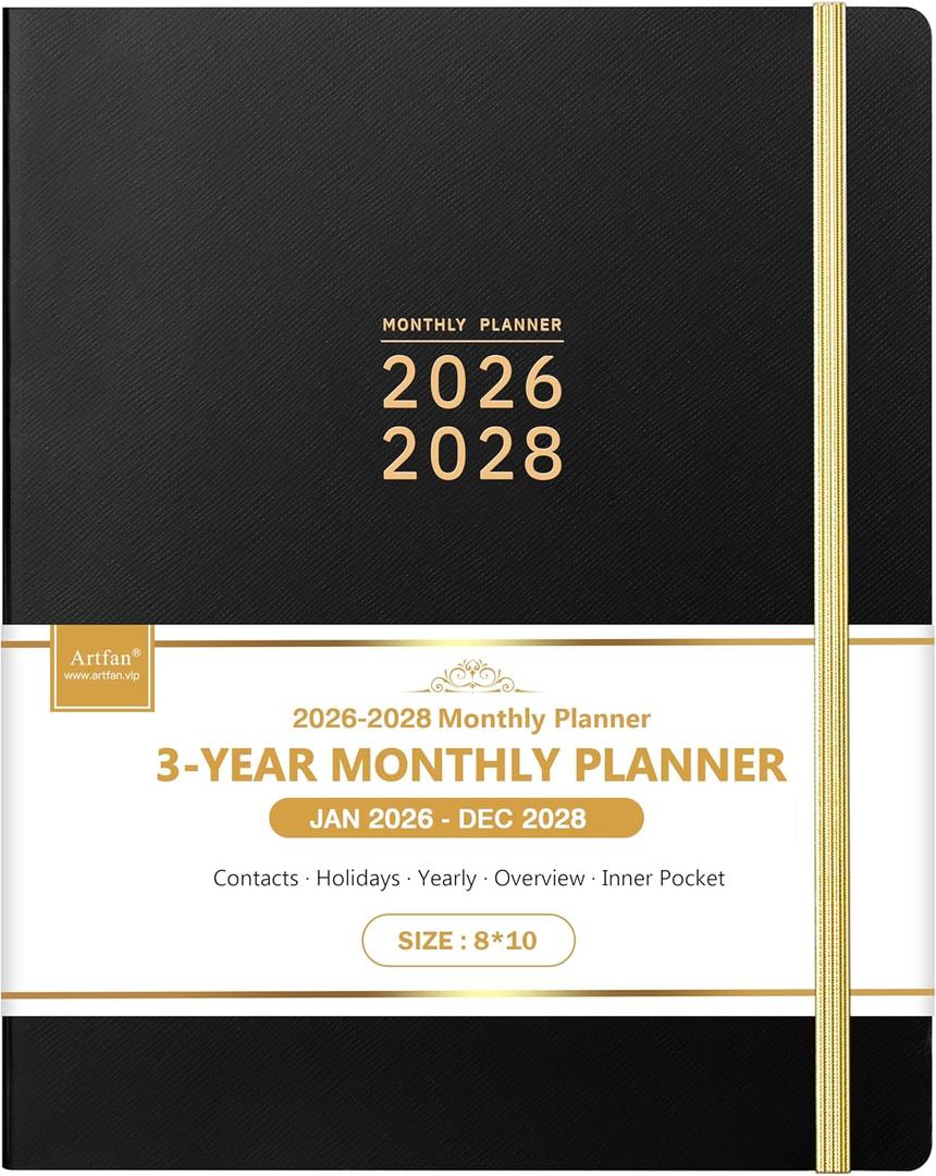 2026-2028 Monthly Planner - 3 Year Monthly Planner 2026-2028, Jan.2026 - Dec.2028, 8" x 10", Tabs + Back Pocket + Hardcover- Black
