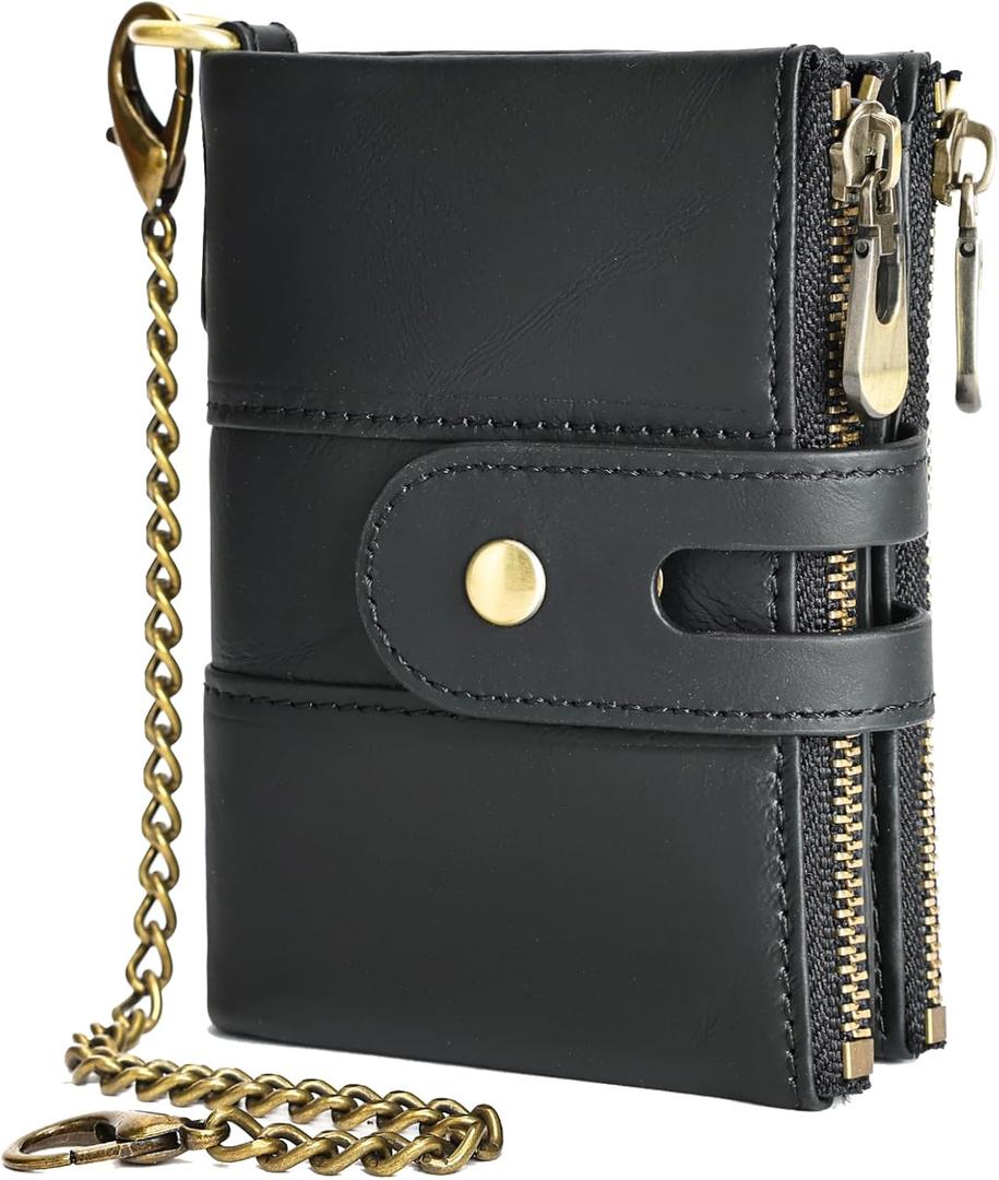 NIUCUNZH Genuine Leather Soft Bifold Rfid Wallets for Men Coin Purse Keychain Snap Zip Wallet with Chain (Black)