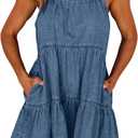 Newffr Womens Summer Denim Dress Square Neck Ruffle Trim Sleeveless Babydoll Flowy Jean Dresses with Pockets (Small, Blue)