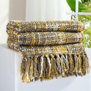 Multi-Color Gold Cable Knitted Throw Blanket for Couch,50"X60" Boho Style Textured Blankets for Home Decor,Super Soft Warm Cozy Chunky Knit Blanket with Decorative Tassels for Bed and Sofa