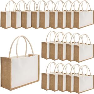 20 Pack Burlap Tote Bags Jute Tote Bags Reusable Water Resistant Beach Bag Blank Canvas Grocery Bag for Women Bridesmaid Wedding Gift DIY 12.6 x 8.3 x 5.1 Inch