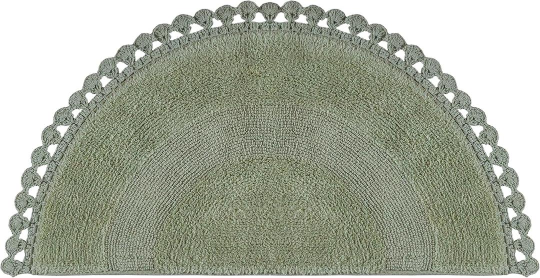 Half Circle Reversible Crochet Bathmat 22"X42" Olive Green 100% Cotton Scalloped Bath Mat, Anti?Skid, Soft & Absorbent Bathroom Rug for Shower, Tub & Entryway