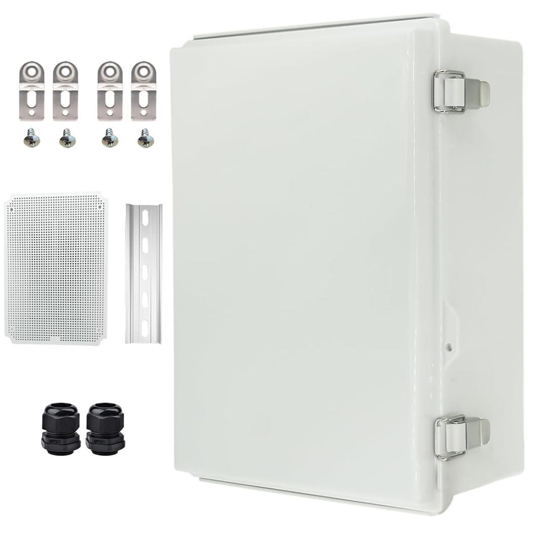 Waterproof Electrical Box with Mounting Plate, IP67 Junction Box Stainless Steel Latch Hinged Grey Cover Project Enclosure with Wall Bracket and 2 Glands 14" x 10" x 6"