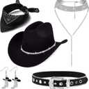 MEDOJO Cowboy Costume Outfit for Women Glitter Choker Necklace Cowboy Hat Buckle Belt Accessories Set for Halloween Cosplay Party