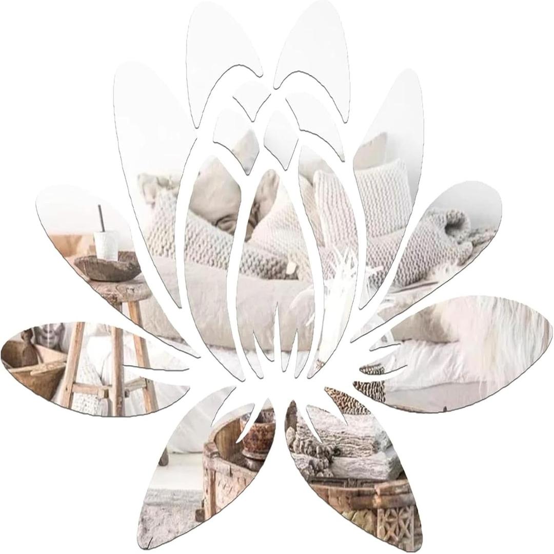 WRENYZK Lotus Shape Wall Mirror Stickers, Self Adhesive Mirrors for Wall, Unbreakable Acrylic Decor, Decorative Silver Mirrors for Room, Living Room, Bathroom (Silver)