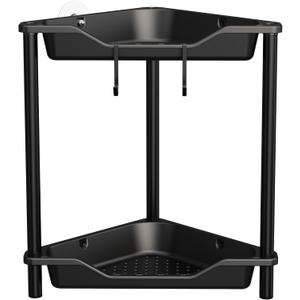 Orimade Rustproof 2 Tier Floor Standing Corner Shower Caddy Organizer, Plastic Metal Splicing Floor Corner Shelf Rack Stands for Bathroom, Black