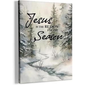 HIWX Winter Christmas Jesus Wall Decor, Christian Bible Verse Framed Canvas Painting Wall Art Decor, Jesus Is the Reason for the Season Wall Art Home Decoration for Church Bedroom Living Room, 11x14