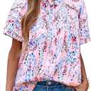 MASCOMODA Womens Tops Summer Boho Floral Short Sleeve Button Down Shirts Crewneck Loose Vacation Dressy Casual Work Blouses M