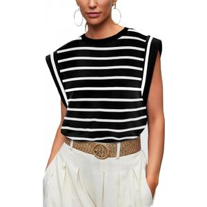 Cap Sleeve Tops for Women Summer Tank Top Basic Tee Shirts Casual Loose Fit 2025 Fashion (Medium, Shirt-black Striped)