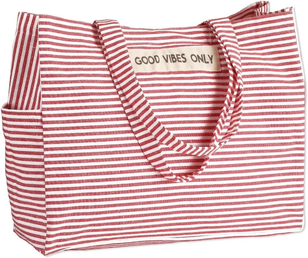 Folkulture Beach Bag For Women | 17 x 14 Inch - 100% Cotton Beach Tote Bag With Zipper Pocket Inside, Large Woven Pool Bag (Red)