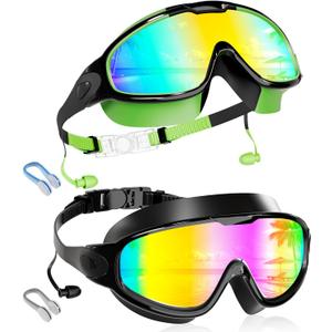 Aegend New Kids 2 Pack Wide View Swim Goggles, Anti-Fog/UV No Leak Goggles with Ear Plugs Kids 3-14