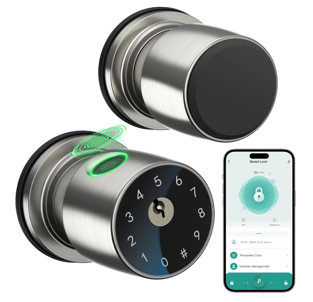 IRONZON Fingerprint Door Knob for Bedroom  291Y 4in1 Keyless Bedroom Door Knob smart Door knob with App, Onetap Privacy Mode Setup, AutoLock Easy to Install  Matte Black