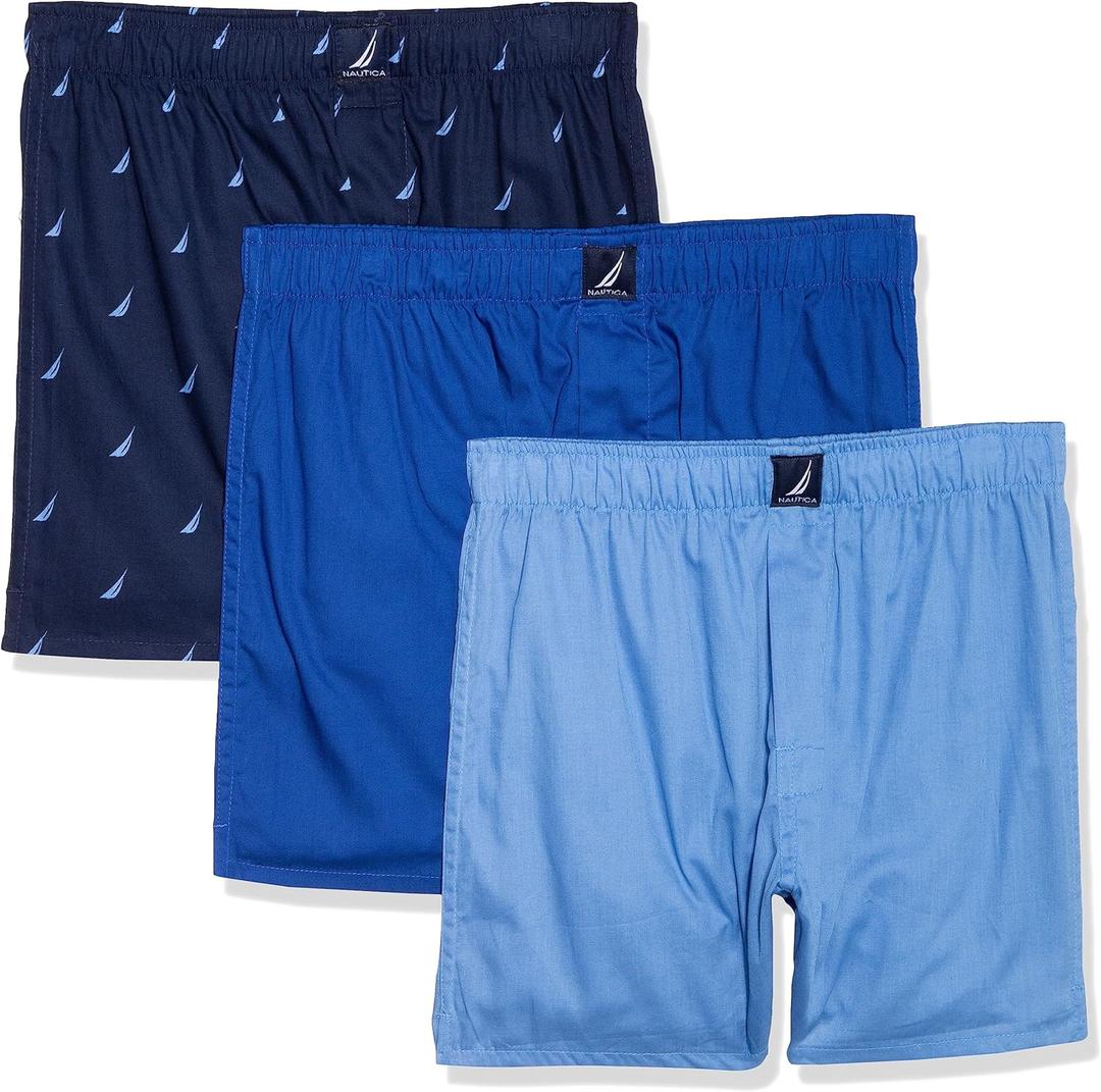 Nautica Men's Classic Cotton 3-Pack Woven Boxers (Blue, XL)